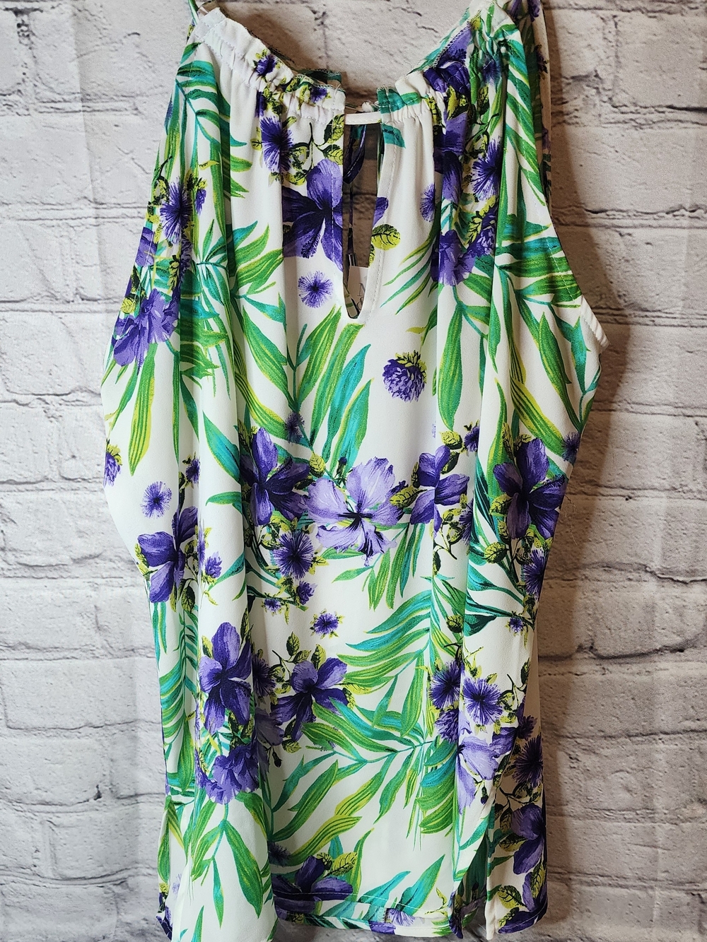 New York & Company White Halter Camisole with Purple Floral Print